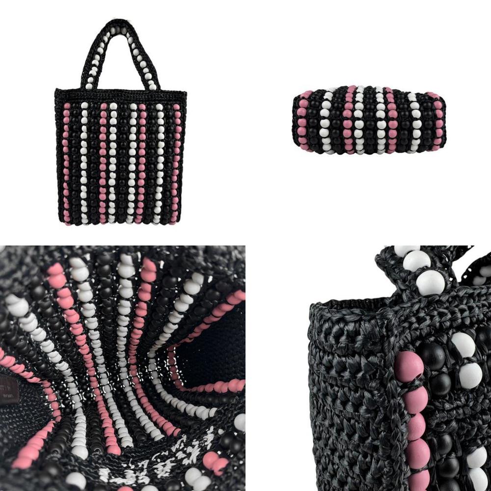 PRADA handbag tote bag raffia wood black white pink ladies z5783 - Picture 3 of 5
